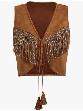 Women's Studded Fringe Trim Tie Front Vest Top